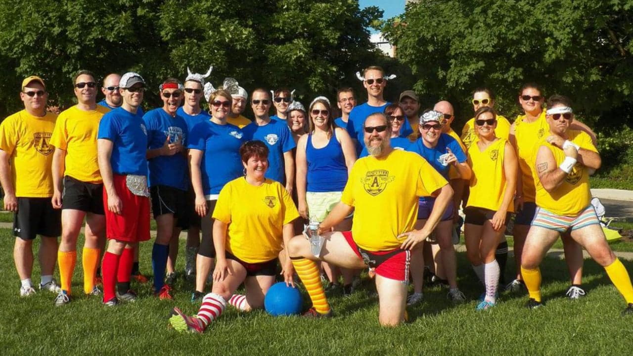 Arena District Kickball League teams together on McFerson Commons